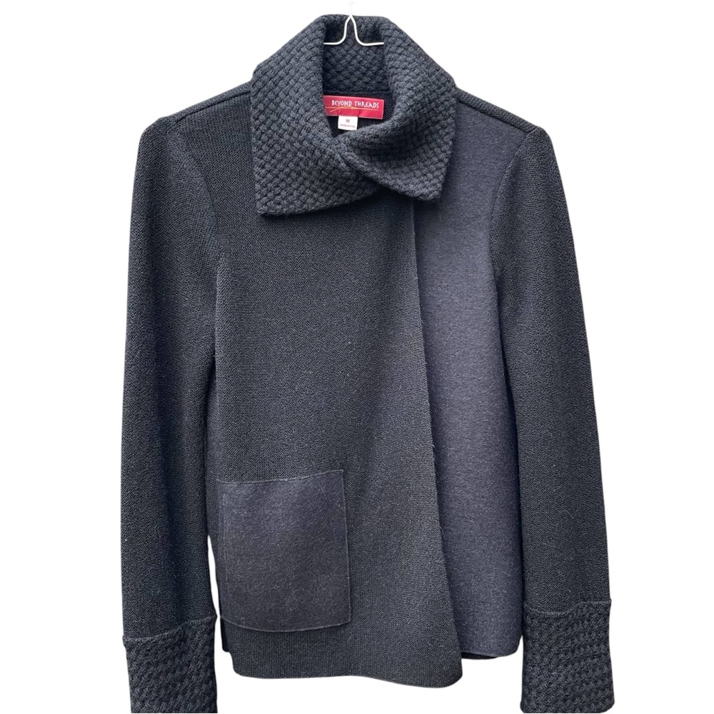 Beyond Threads Basketweave Asymmetric Alpaca Cardigan Black Lagenlook Medium